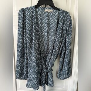 Loft Wrap Around Top with Peplum Blouse Blue/White Size XL